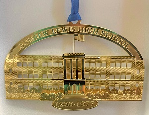 Here's an alt tag for the image: Andrew Lewis High School gold ornament.