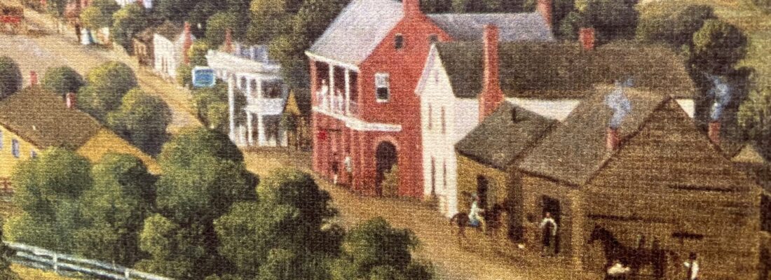 Historic village street scene painting.