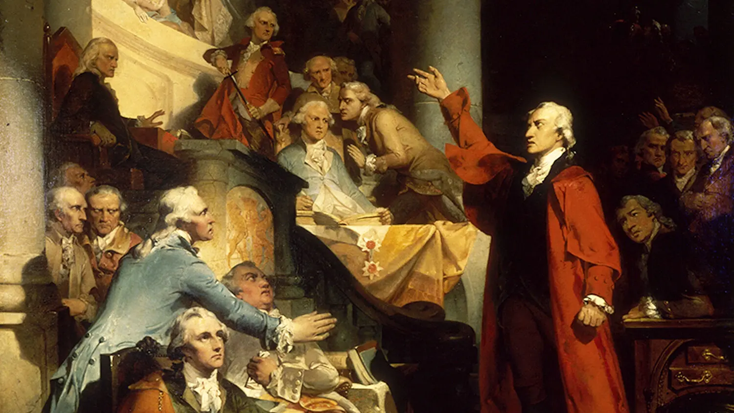 Painting of Patrick Henry delivering a speech before the House of Burgesses, March 23, 1775. (Photo by Fotosearch/Getty Images).